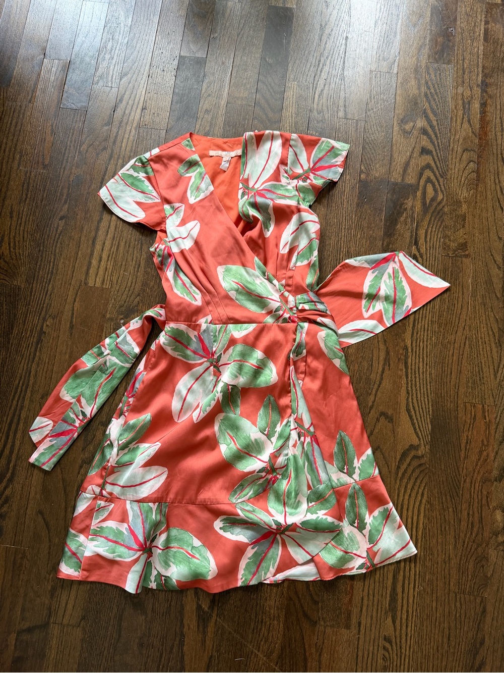 Hutch Britton Coral Wrap Mini Dress with Green & White Leaf Print